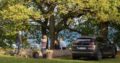 GoMore customers having a picknick in the woods at a lake. the GoMore car is parked next to them.